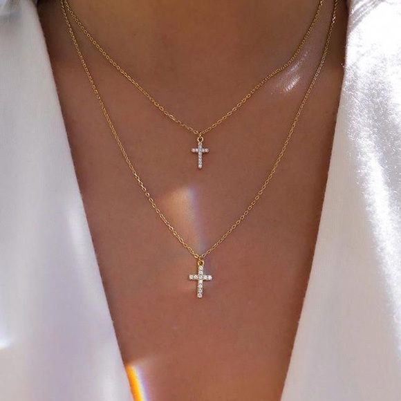14k Yellow Gold Tiny Dainty Sapphire Diamond Cross Pendant Charm Necklace